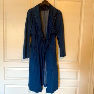 Lightweight denim trench coat. Wrap style no buttons. Not a stiff denim.